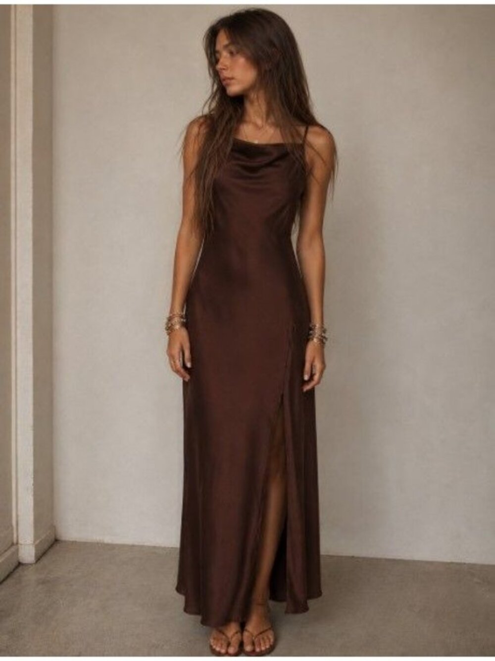 Satin Brown Cowl Neck Midi Dress with Side Slit